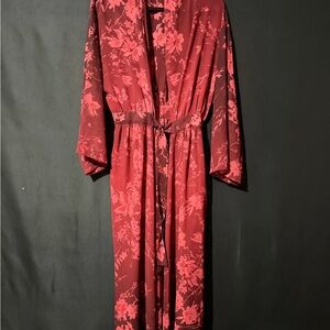 Floral Satin Long Robe in Deep Red - Elegant Lounge Kimono